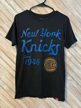 New York Knicks Since 1946 Sportiqe Black Basketball Tee Bright Blue Logo